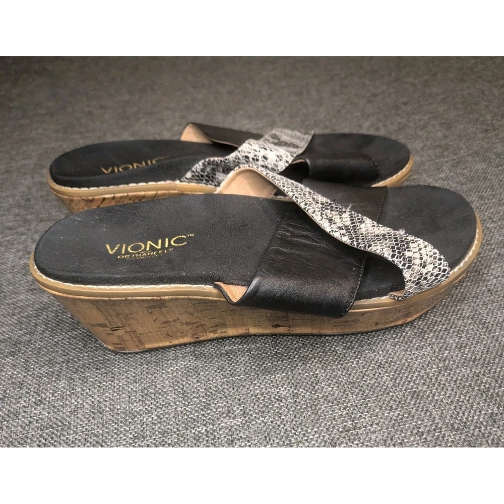 VIONIC Hayden Snake Print & Black Leather US 8‎ Platform Slide Sandals Shoes